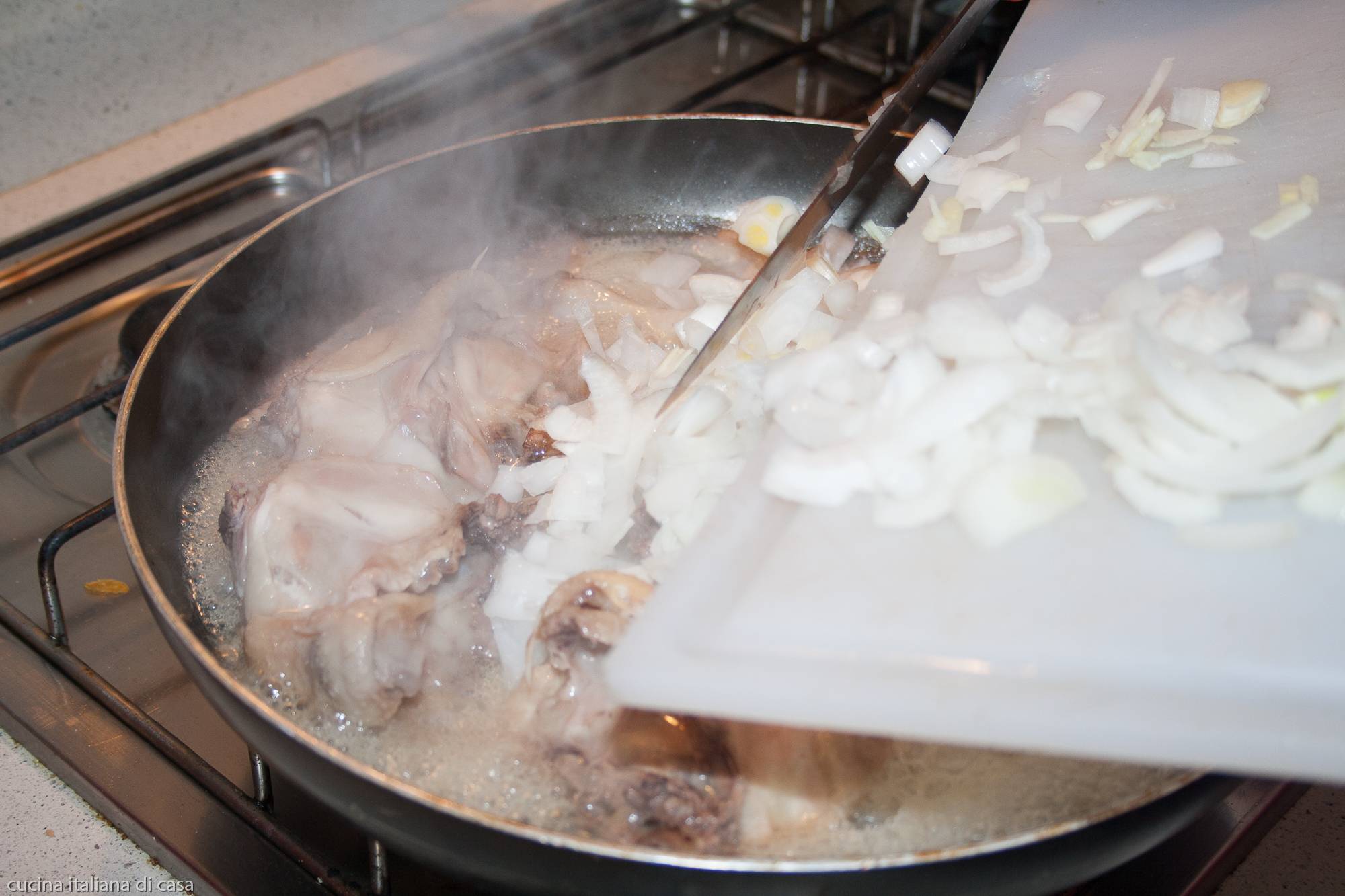 unire cipolla e aglio a pollo in cottura
