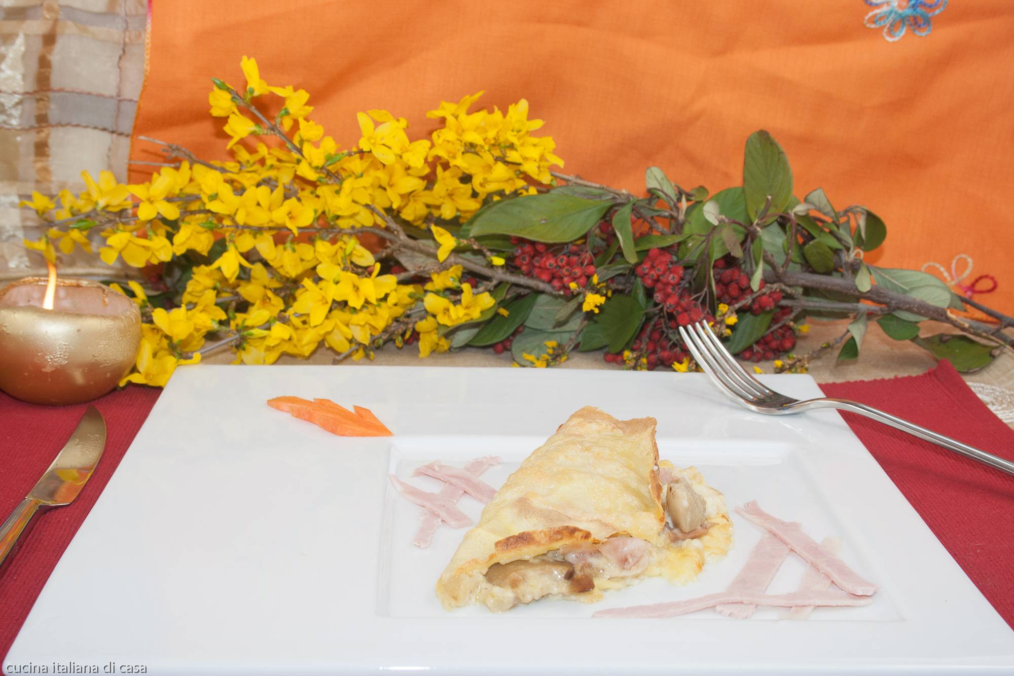crespelle (crepes) con prosciutto cotto e funghi